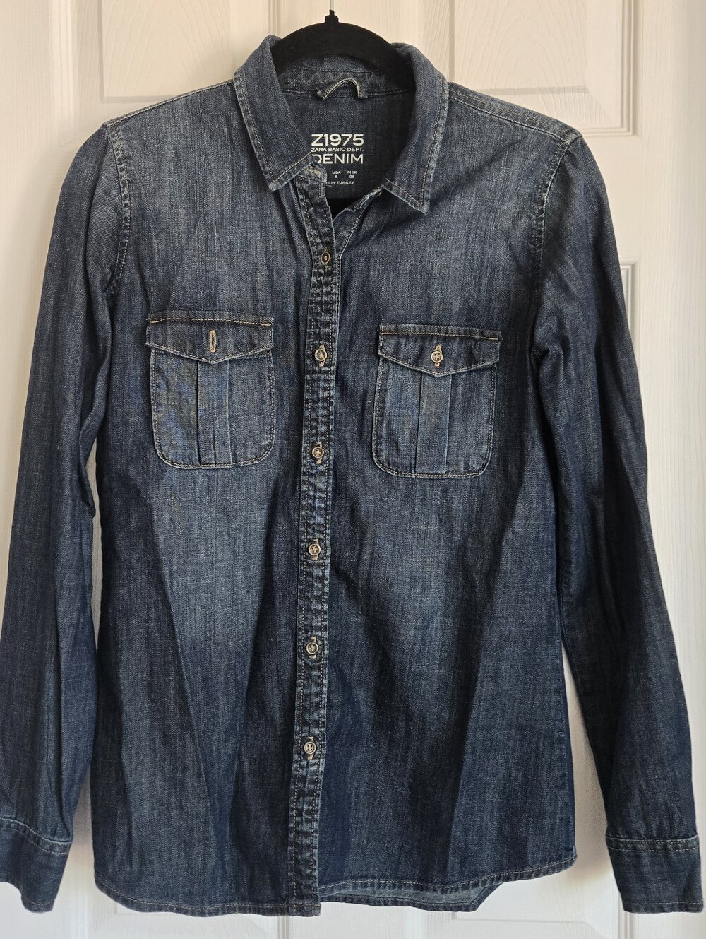Zara Denim Button-Front Shirt Jacket - Dark Wash Blue